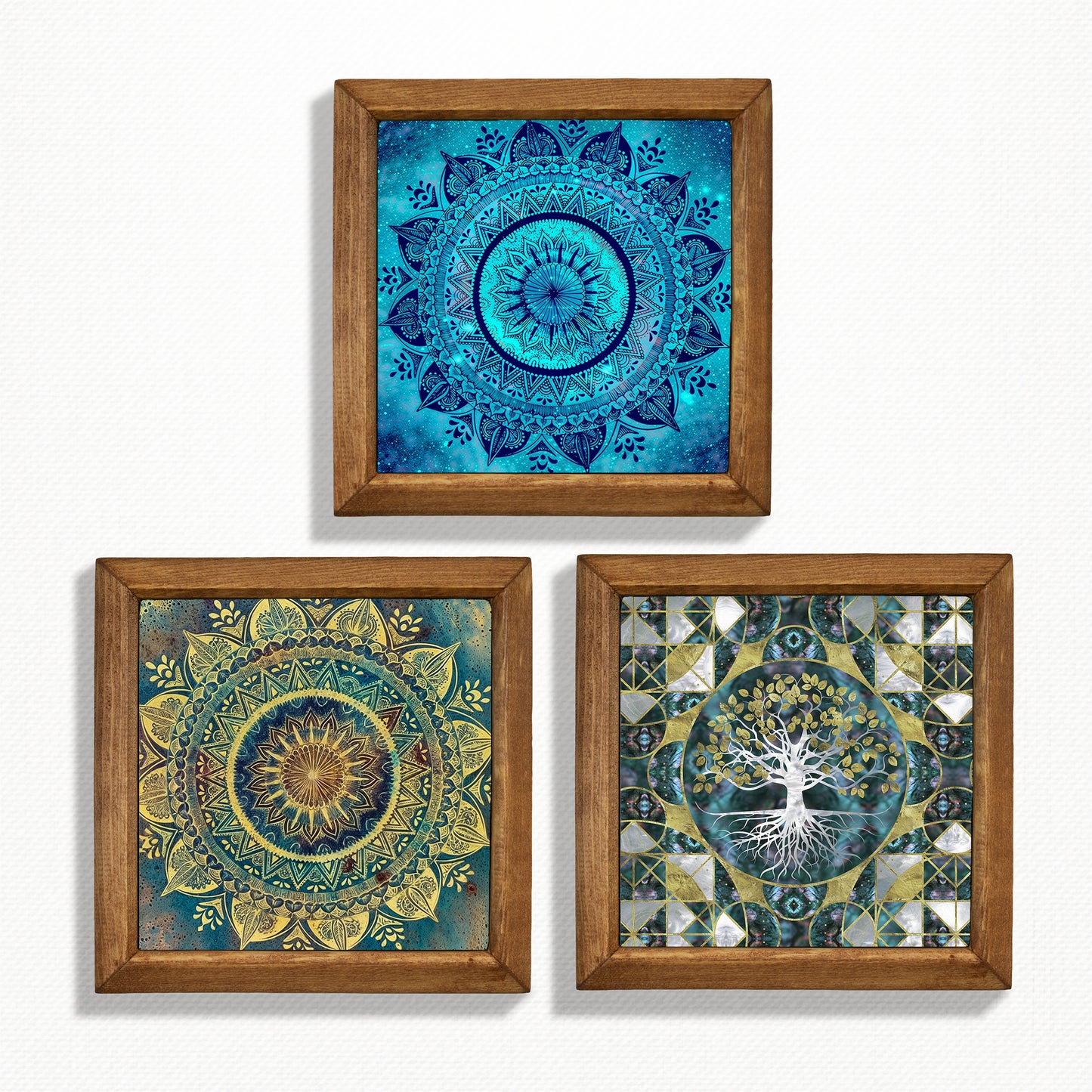 Mandala & Tree of Life Trio Natural Stone Wall Art – Wood Frame Set
