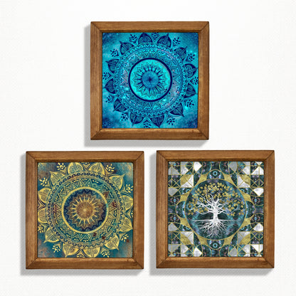 Mandala & Tree of Life Trio Natural Stone Wall Art – Wood Frame Set