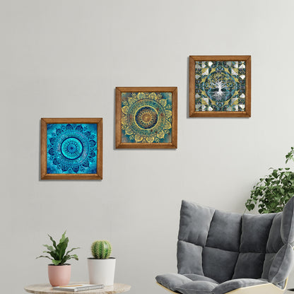 Mandala & Tree of Life Trio Natural Stone Wall Art – Wood Frame Set