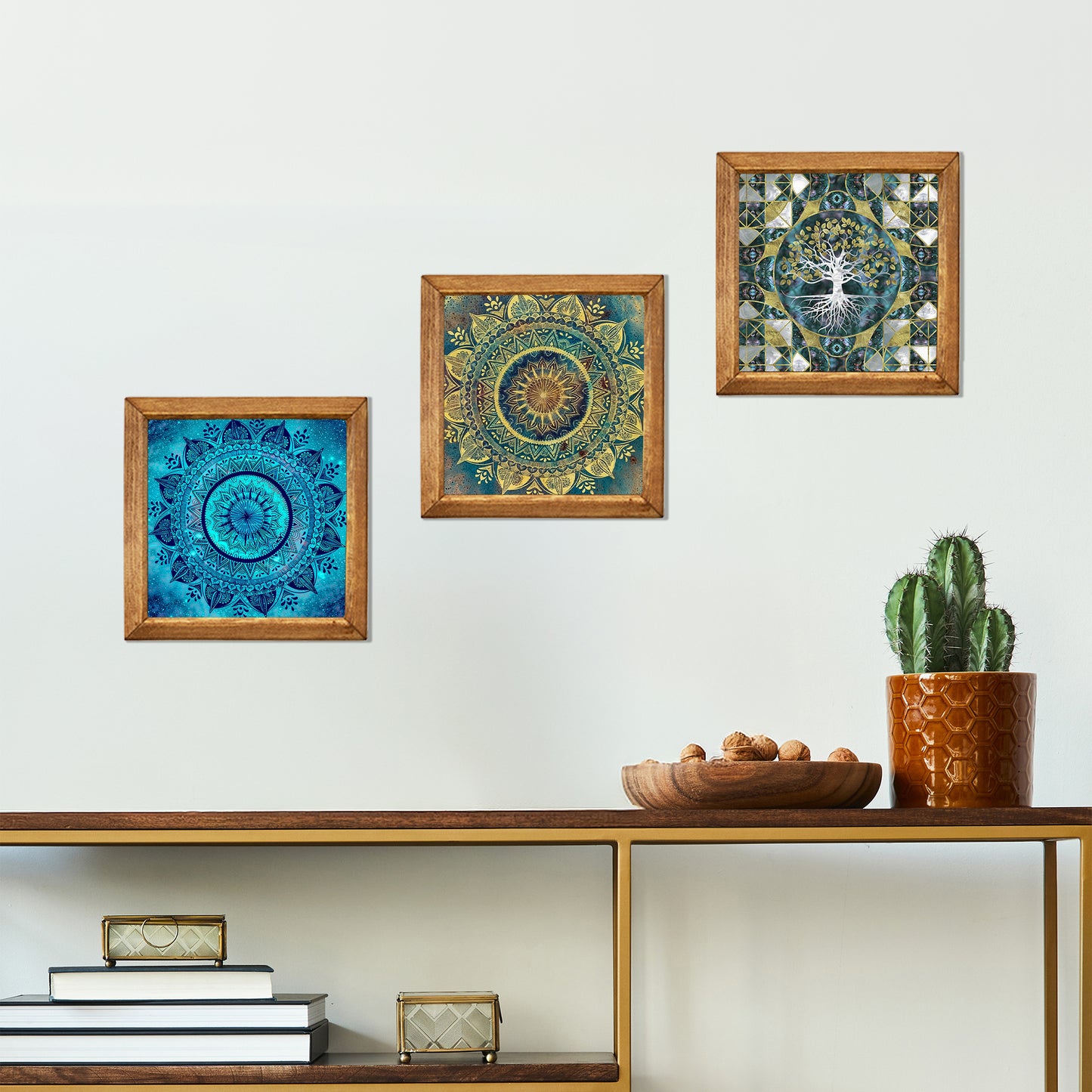 Mandala & Tree of Life Trio Natural Stone Wall Art – Wood Frame Set