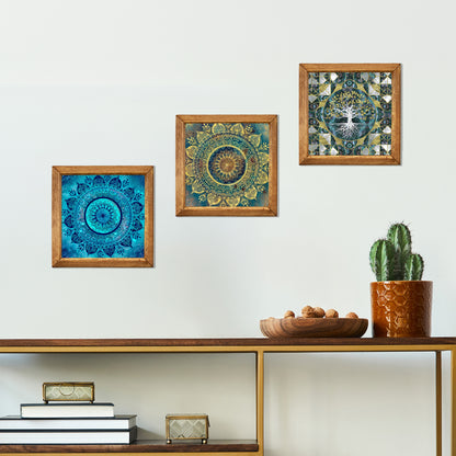 Mandala & Tree of Life Trio Natural Stone Wall Art – Wood Frame Set