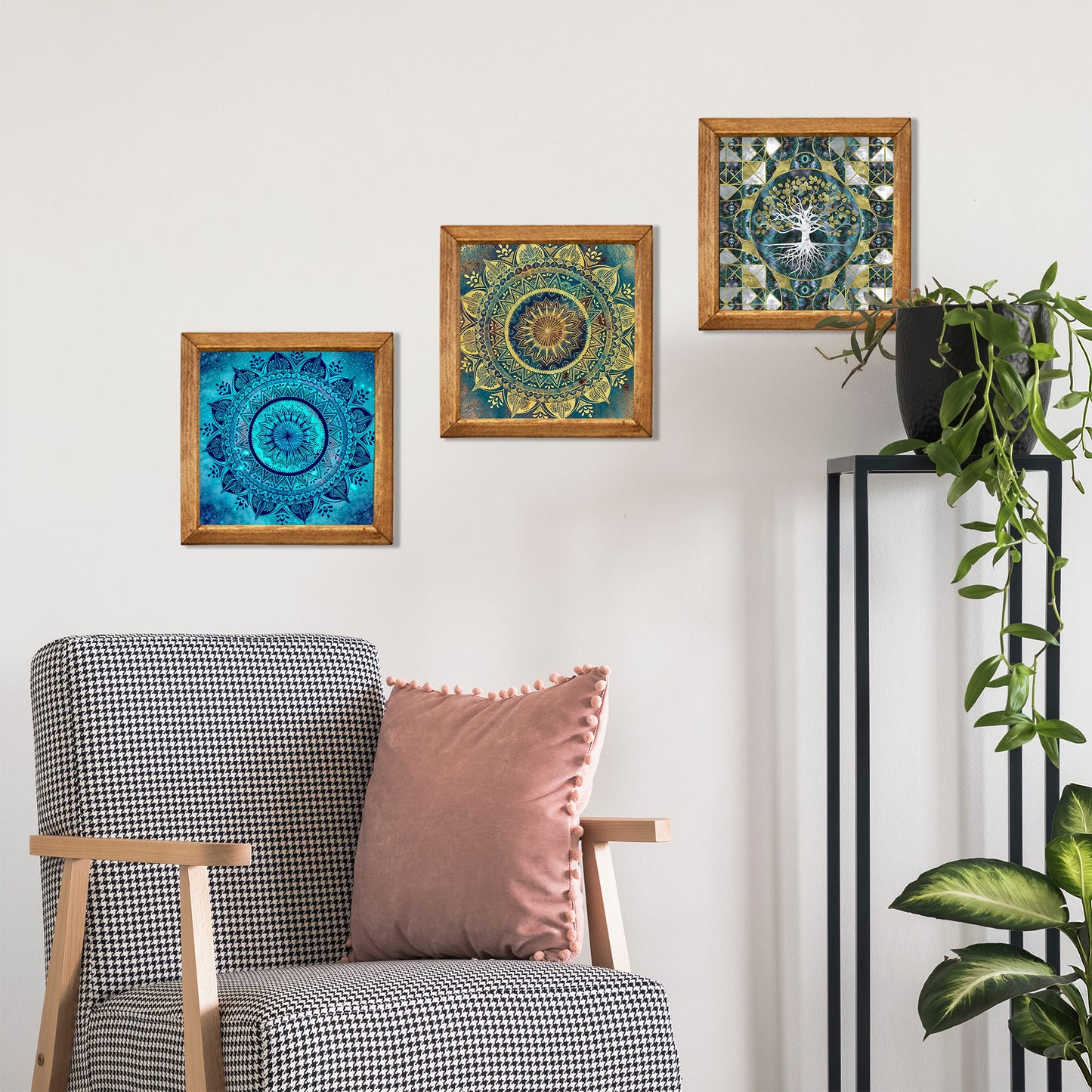 Mandala & Tree of Life Trio Natural Stone Wall Art – Wood Frame Set