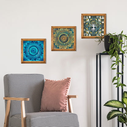 Mandala & Tree of Life Trio Natural Stone Wall Art – Wood Frame Set