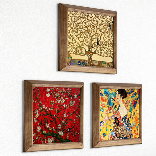 Gustav Klimt Tree, Lady with Fan and Van Gogh Blossom Trio Stone Wall Art Set