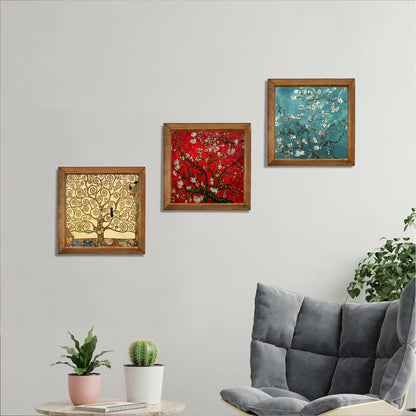 Gustav Klimt Tree of Life & Van Gogh Blossom Trio Natural Stone Wall Art Wood Frame Set