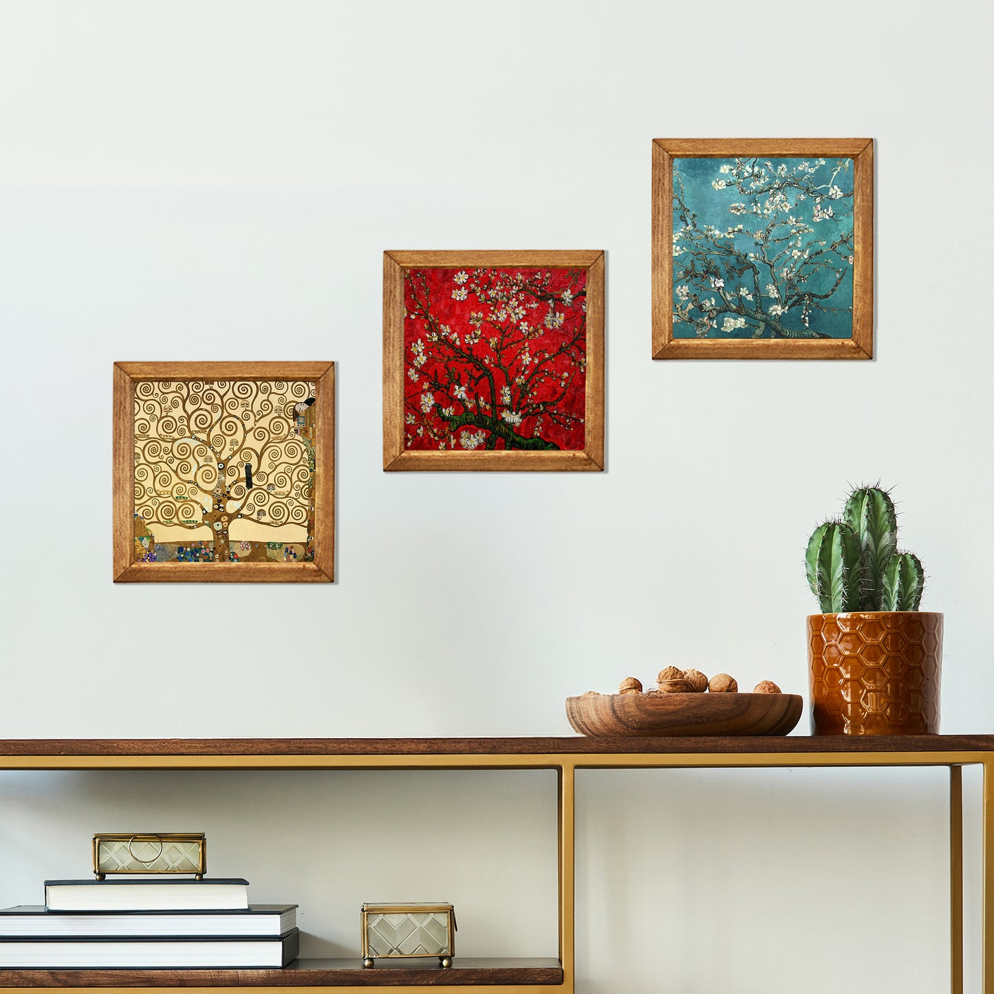 Gustav Klimt Tree of Life & Van Gogh Blossom Trio Natural Stone Wall Art Wood Frame Set
