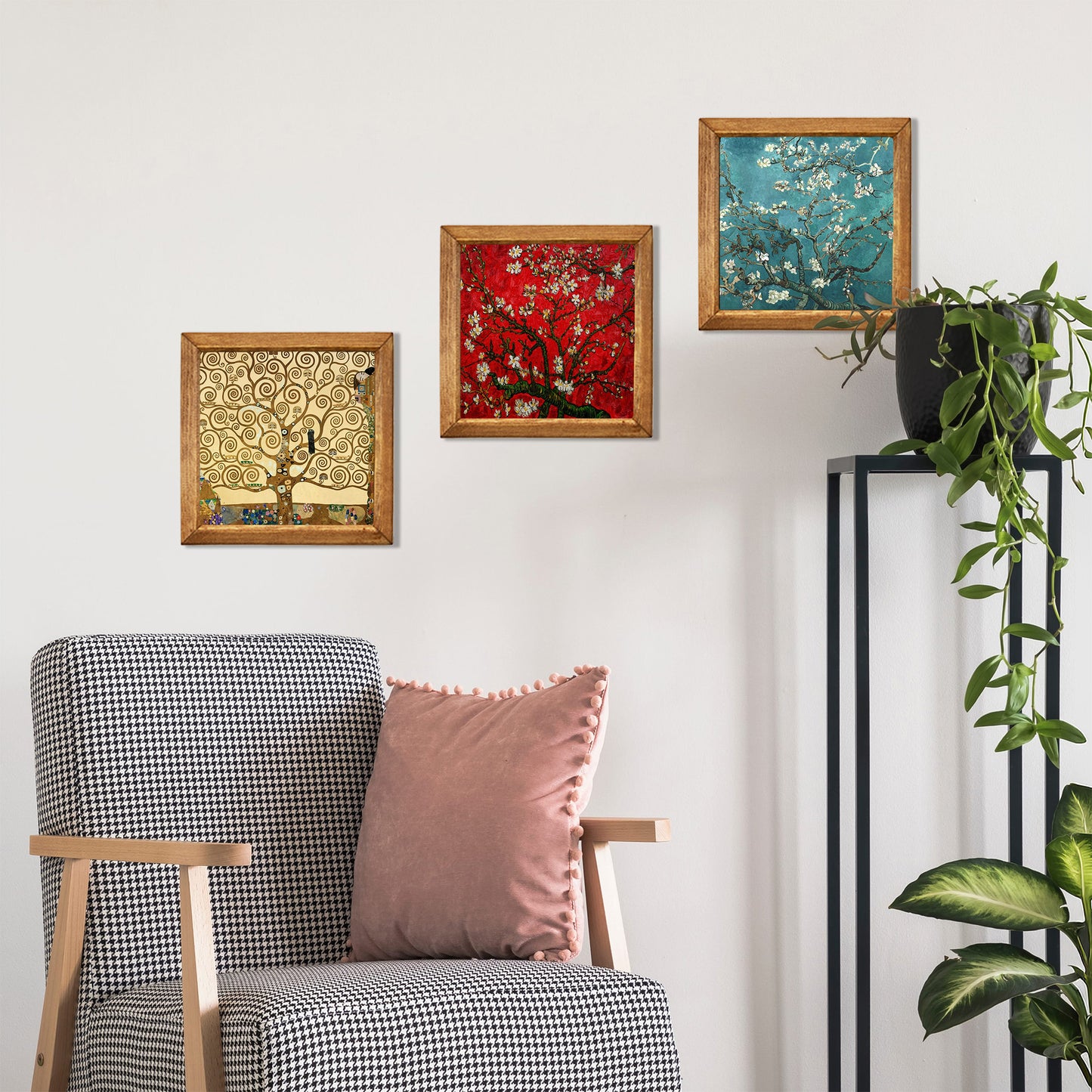 Gustav Klimt Tree of Life & Van Gogh Blossom Trio Natural Stone Wall Art Wood Frame Set