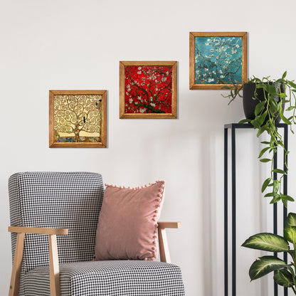 Gustav Klimt Tree of Life & Van Gogh Blossom Trio Natural Stone Wall Art Wood Frame Set
