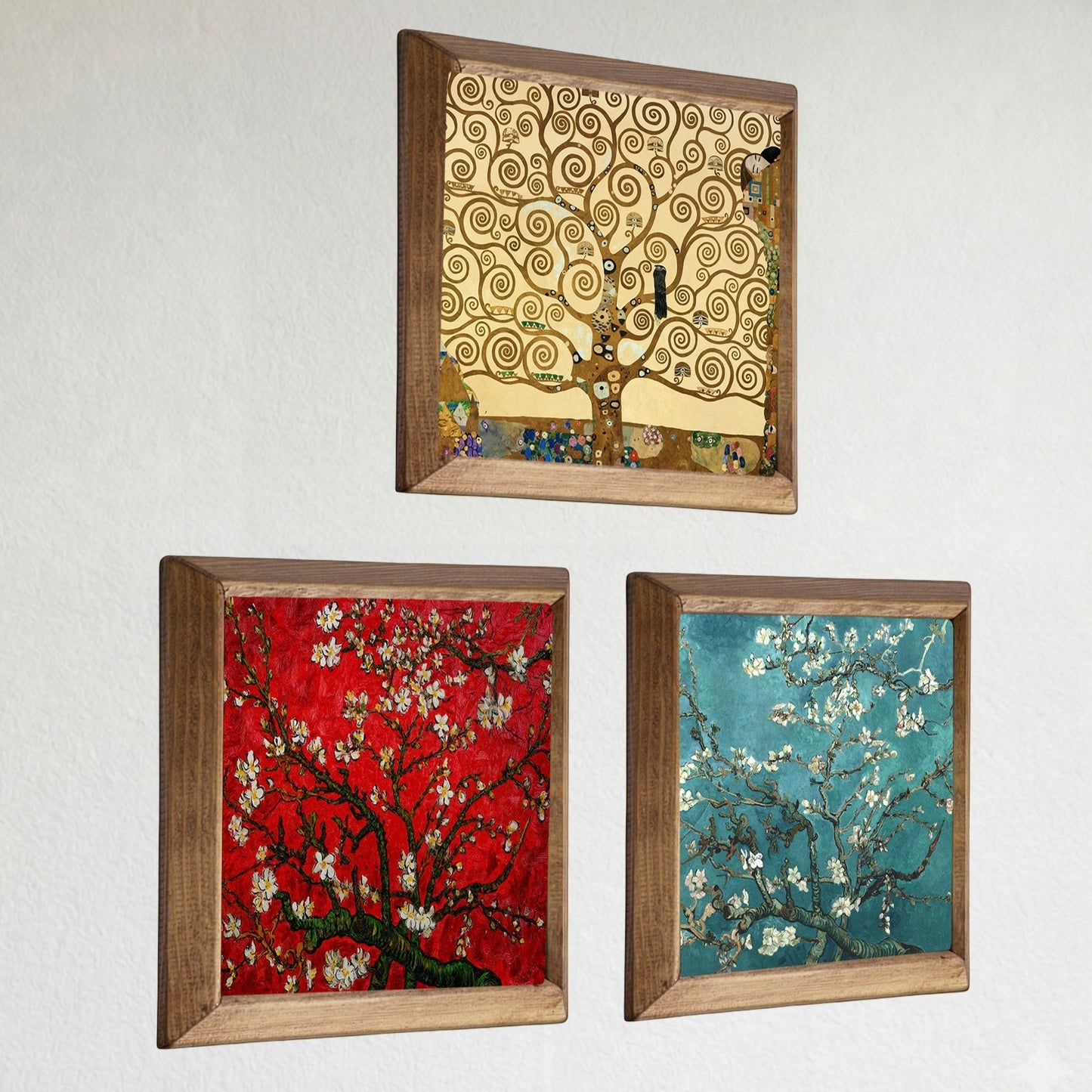 Gustav Klimt Tree of Life & Van Gogh Blossom Trio Natural Stone Wall Art Wood Frame Set