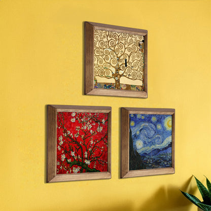 Gustav Klimt Tree of Life & Van Gogh Blossom Trio Natural Stone Wall Art Wood Frame Set