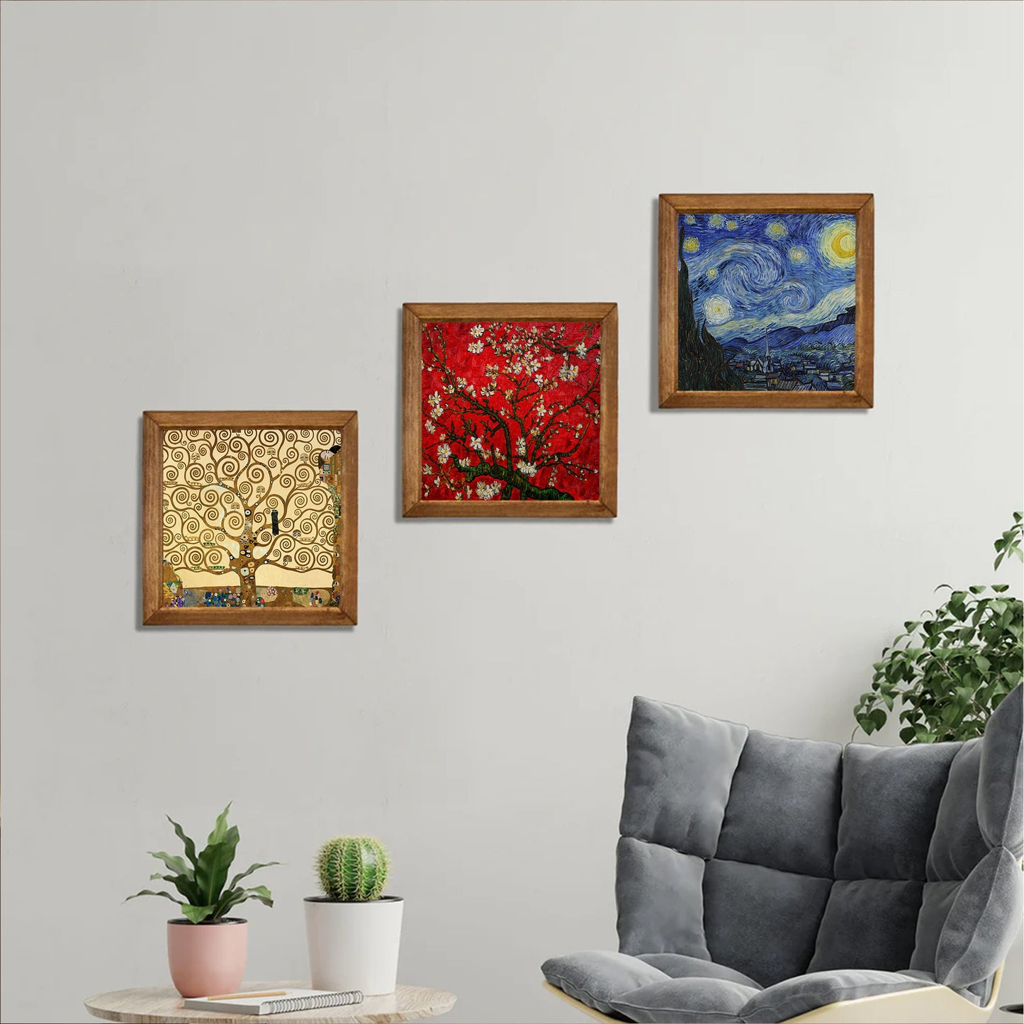 Gustav Klimt Tree of Life & Van Gogh Blossom Trio Natural Stone Wall Art Wood Frame Set