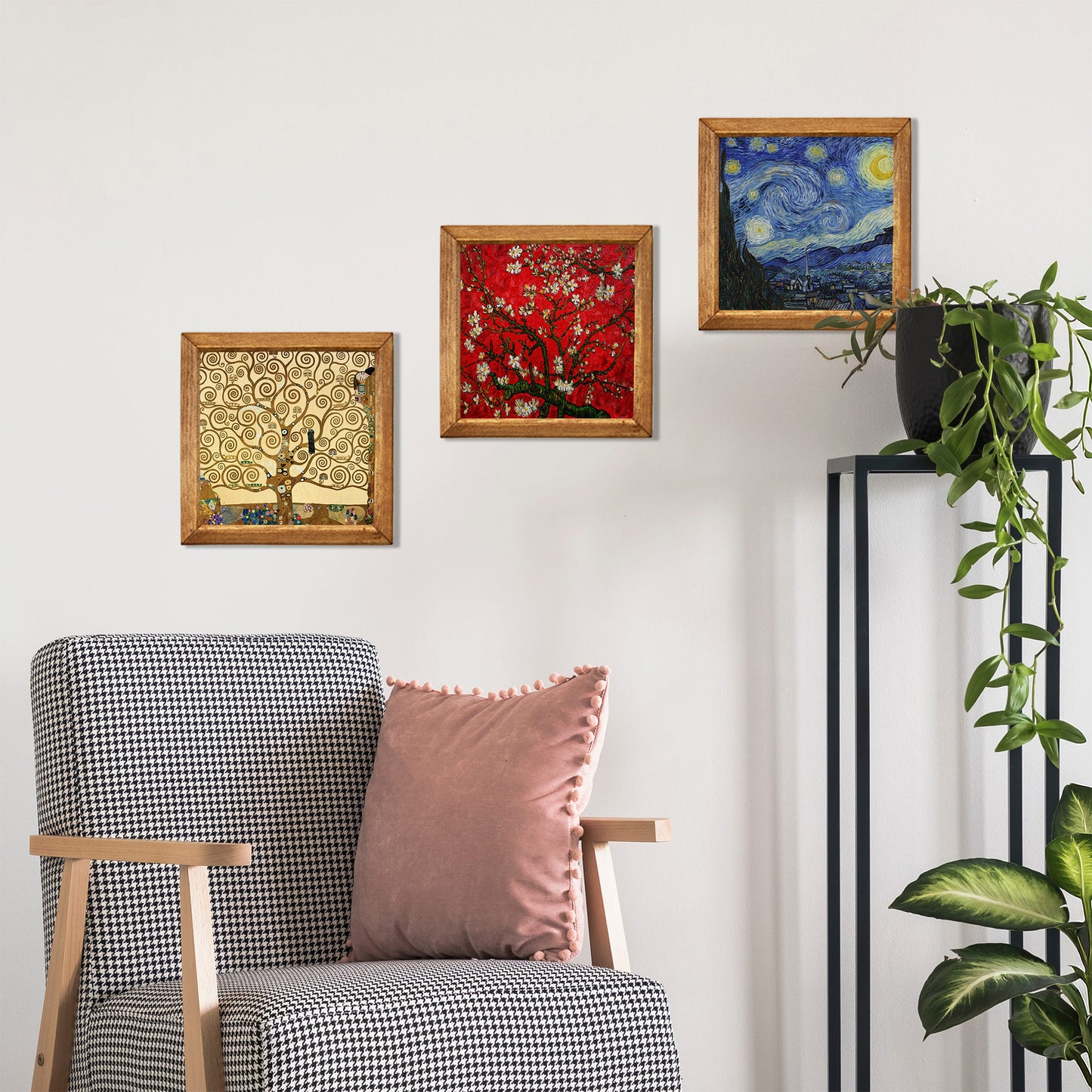 Gustav Klimt Tree of Life & Van Gogh Blossom Trio Natural Stone Wall Art Wood Frame Set