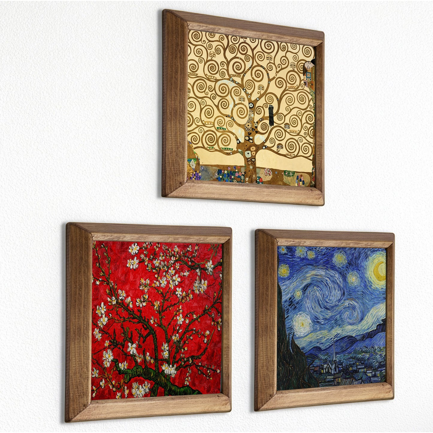 Gustav Klimt Tree of Life & Van Gogh Blossom Trio Natural Stone Wall Art Wood Frame Set