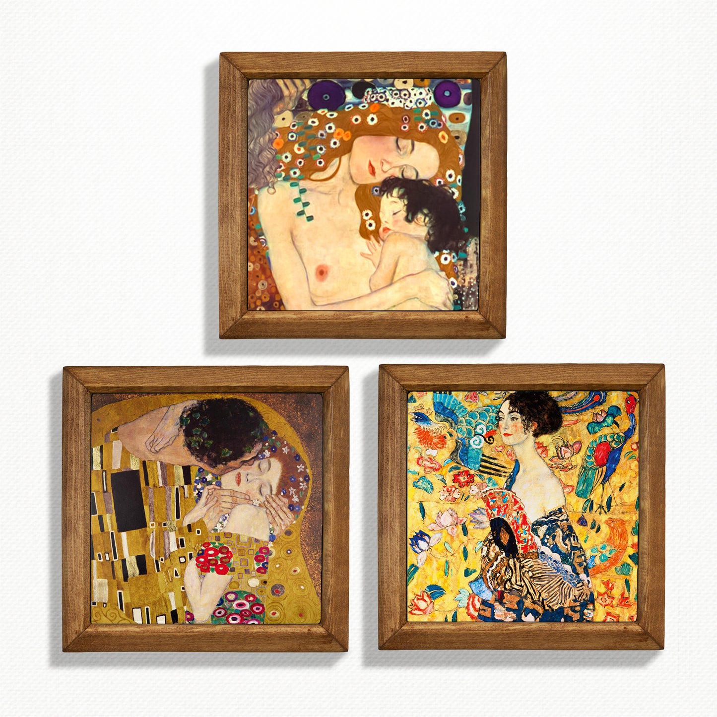 Gustav Klimt Mother and Child, The Kiss & Lady with Fan Trio Stone Wall Art Set