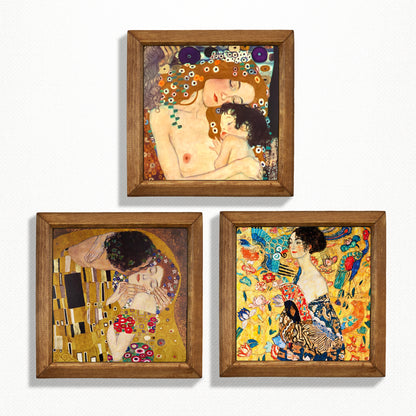 Gustav Klimt Mother and Child, The Kiss & Lady with Fan Trio Stone Wall Art Set