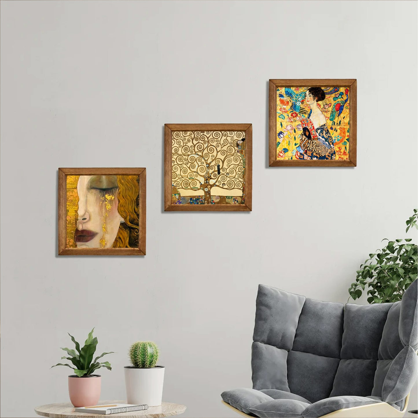 Gustav Klimt Golden Tears, Tree of Life & Lady with Fan Trio Natural Stone Wall Art Set