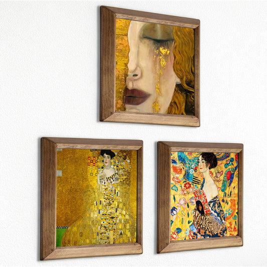Gustav Klimt Golden Tears, Adele & Lady with Fan Trio Natural Stone Wall Art Set