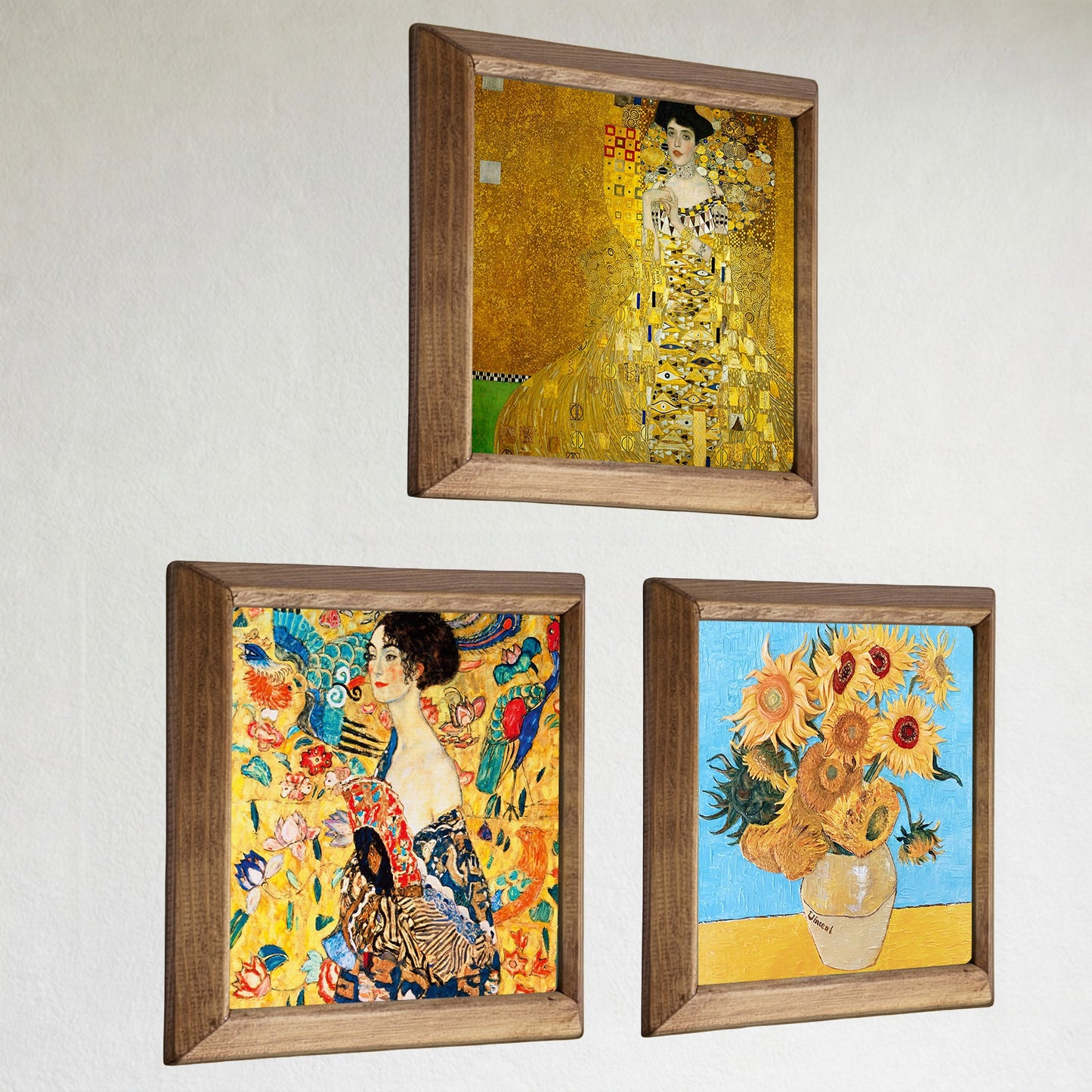 Klimt Adele, Lady with Fan and Van Gogh Sunflowers Trio Stone Wall Art Set