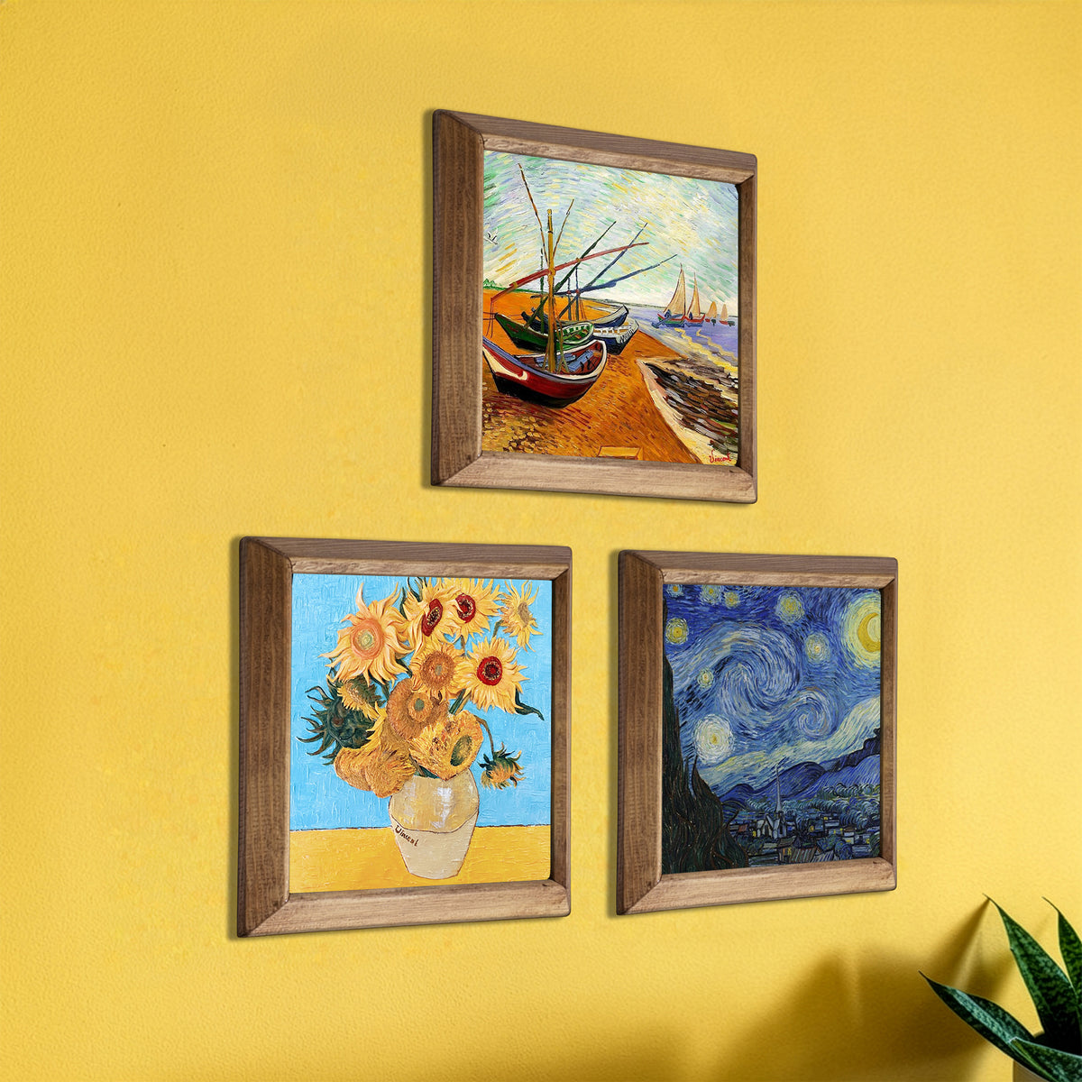 Van Gogh Sunflowers, Fishing Boats & Starry Night Trio Natural Stone Wall Art Set