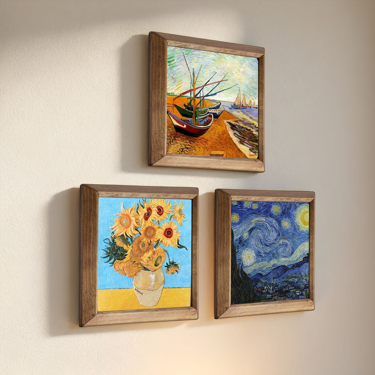 Van Gogh Sunflowers, Fishing Boats & Starry Night Trio Natural Stone Wall Art Set