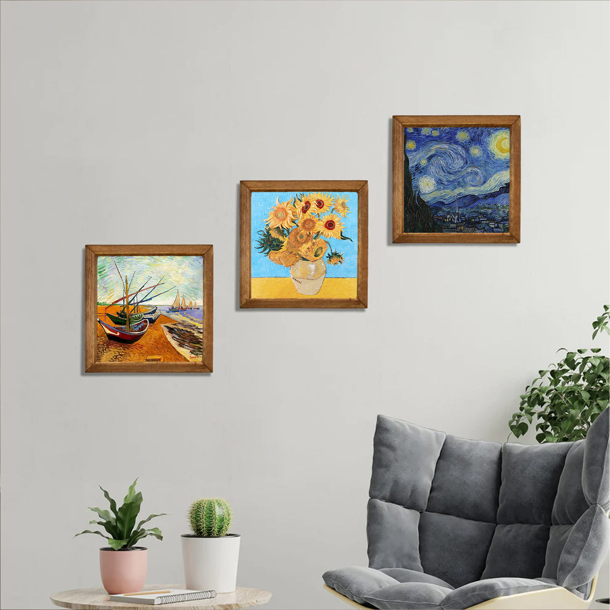 Van Gogh Sunflowers, Fishing Boats & Starry Night Trio Natural Stone Wall Art Set