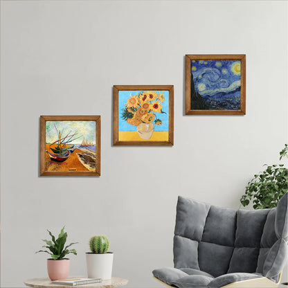 Van Gogh Sunflowers, Fishing Boats & Starry Night Trio Natural Stone Wall Art Set