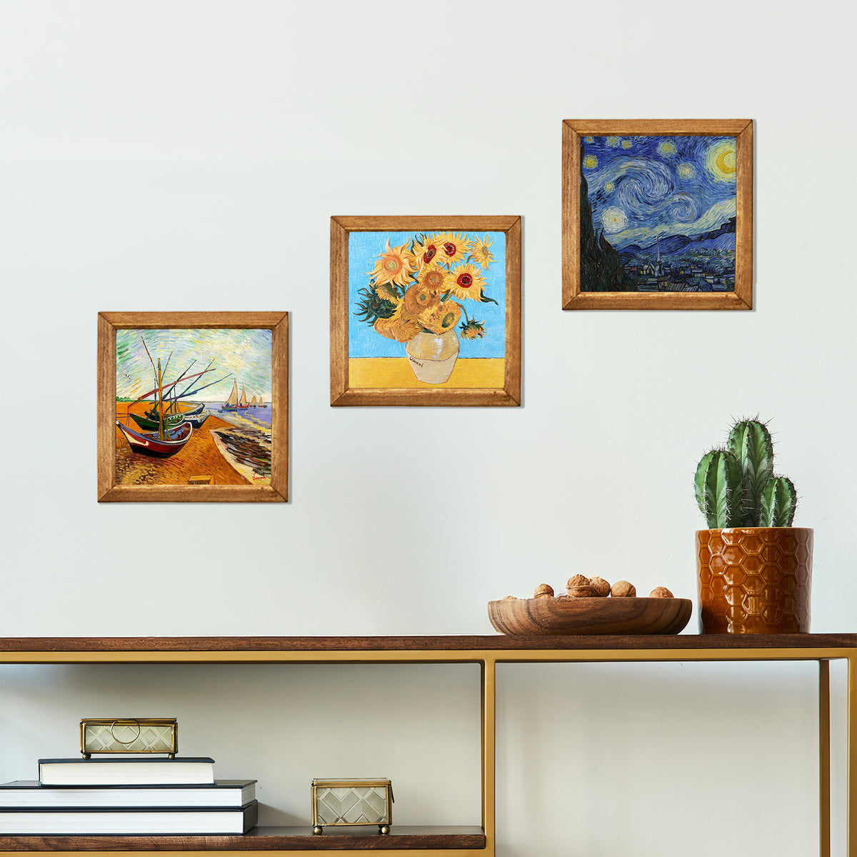 Van Gogh Sunflowers, Fishing Boats & Starry Night Trio Natural Stone Wall Art Set