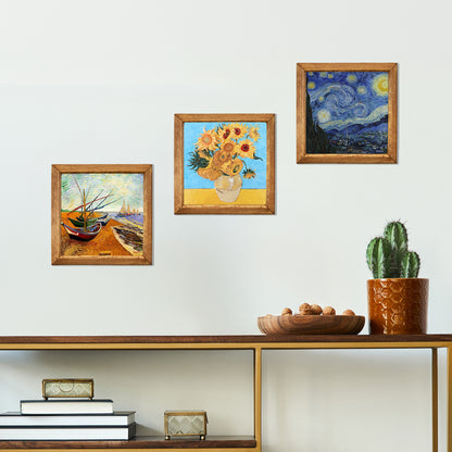 Van Gogh Sunflowers, Fishing Boats & Starry Night Trio Natural Stone Wall Art Set