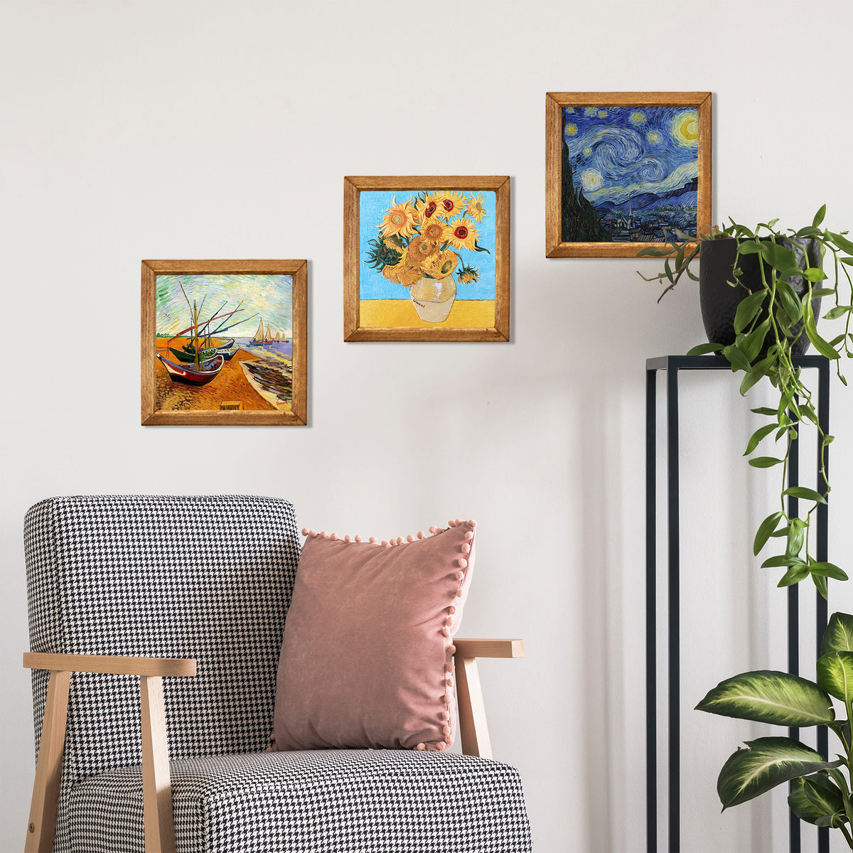 Van Gogh Sunflowers, Fishing Boats & Starry Night Trio Natural Stone Wall Art Set