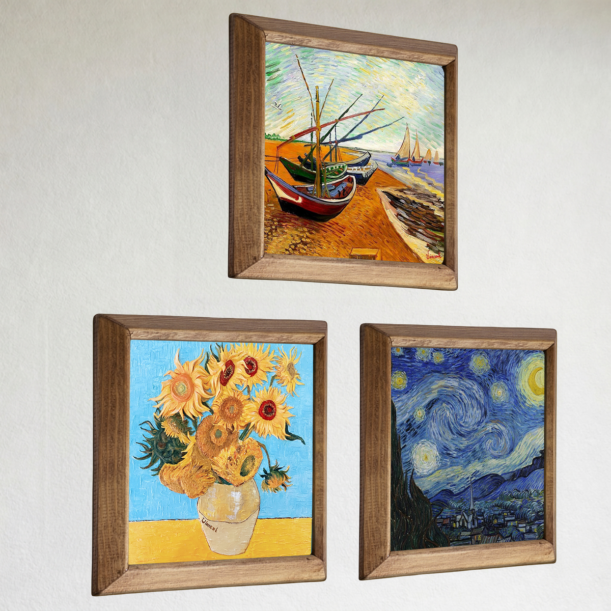 Van Gogh Sunflowers, Fishing Boats & Starry Night Trio Natural Stone Wall Art Set