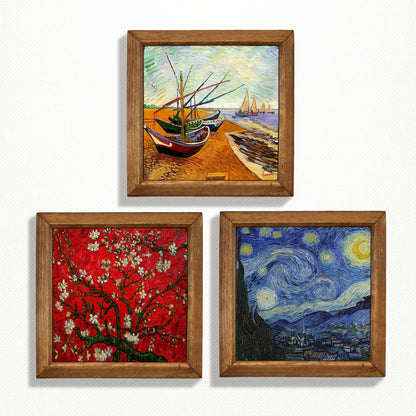 Van Gogh Fishing Boats, Almond Blossom & Starry Night Trio Stone Wall Art Set