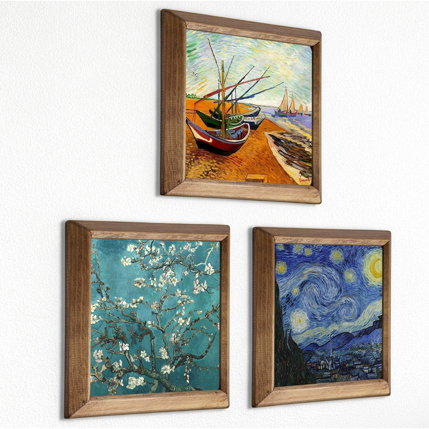 Van Gogh Fishing Boats, Almond Blossom & Starry Night Trio Stone Wall Art Set