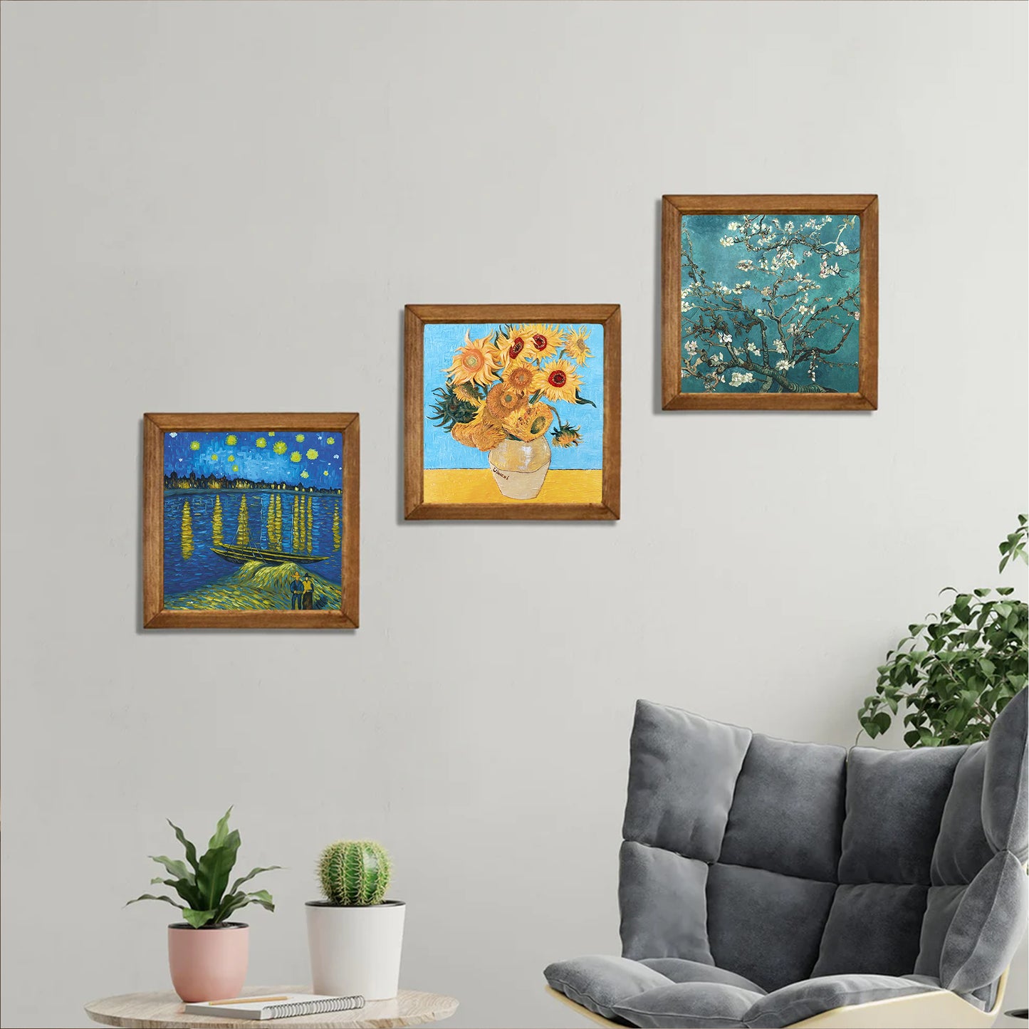 Van Gogh Starry Night, Sunflowers & Almond Blossom Trio Stone Wall Art Set