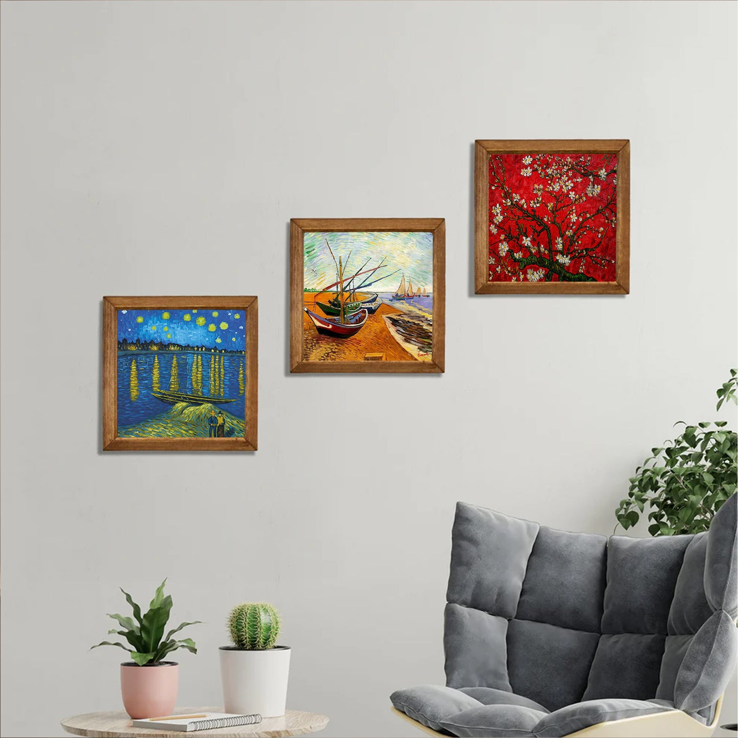 Van Gogh Starry Night, Fishing Boats & Almond Blossom Trio Stone Wall Art Set