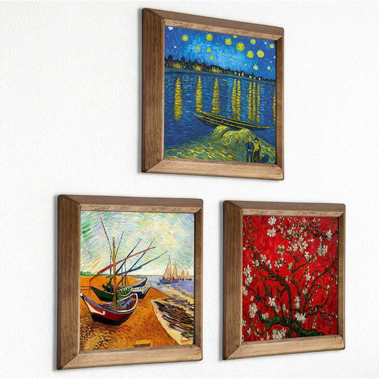 Van Gogh Starry Night, Fishing Boats & Almond Blossom Trio Natural Stone Wall Art Set