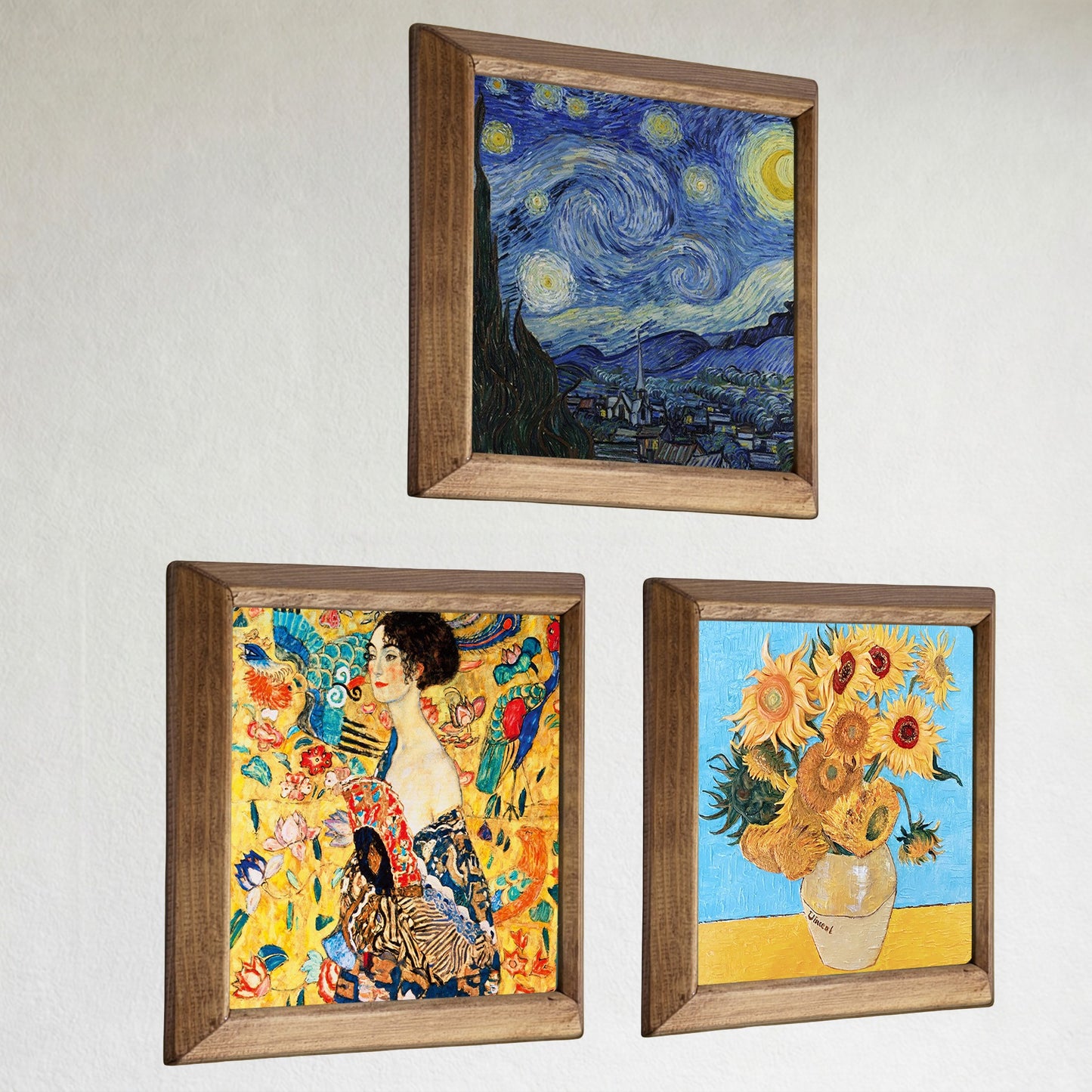 Klimt Lady with Fan, Van Gogh Starry Night and Sunflowers Trio Stone Wall Art Set