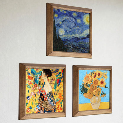 Klimt Lady with Fan, Van Gogh Starry Night and Sunflowers Trio Stone Wall Art Set