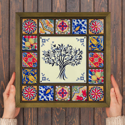Mediterranean Tree of Life Handmade Anatolian Ceramic Tile Wall Art