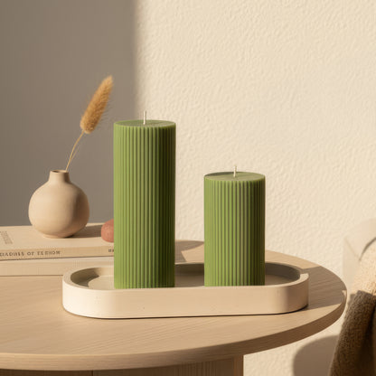 Green Cylinder Soy Wax Candle Set of 2 | Ribbed Candles