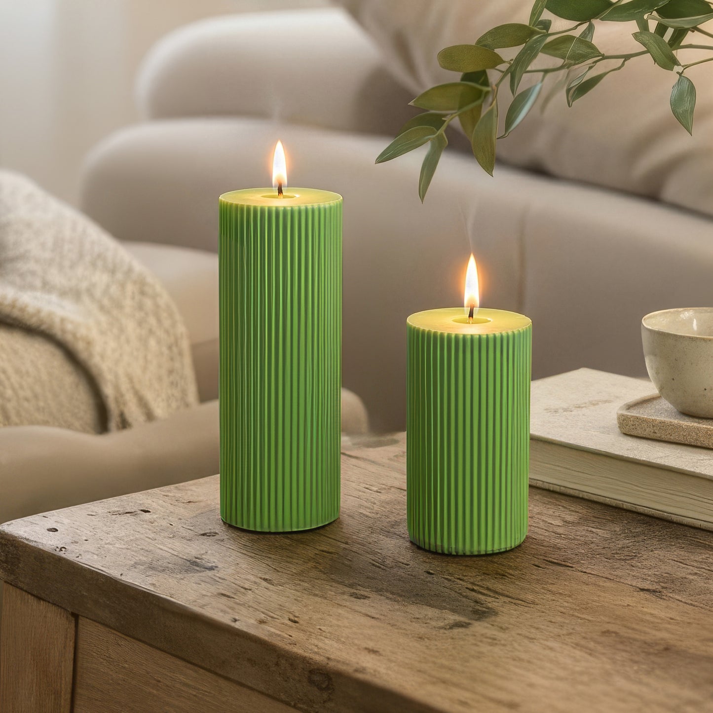 Green Cylinder Soy Wax Candle Set of 2 | Ribbed Candles