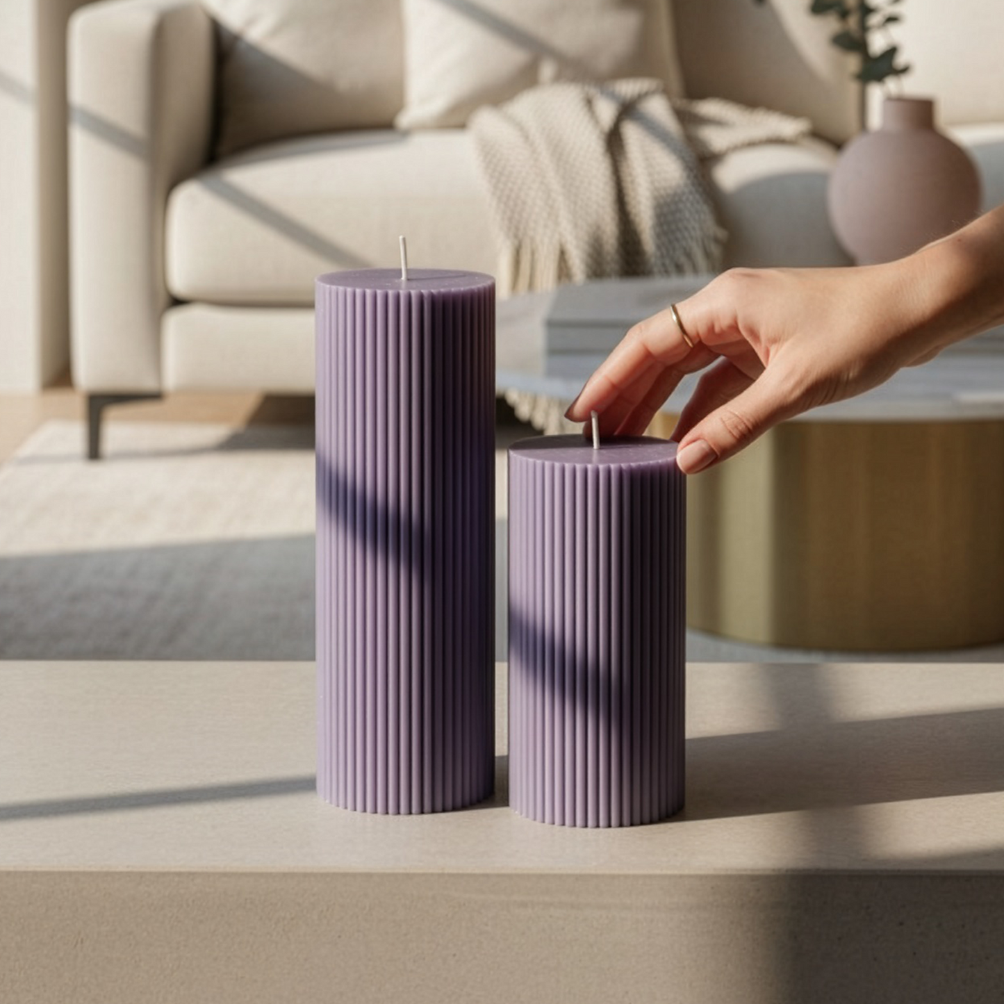 Purple Cylinder Soy Wax Candle Set of 2 | Ribbed Candles