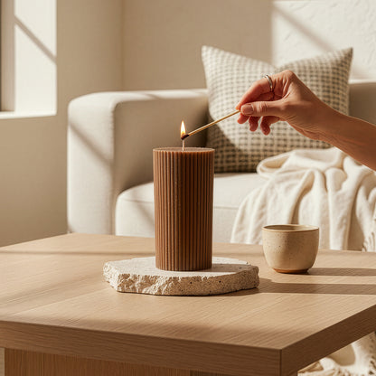 Brown Cylinder Soy Wax Candle Set of 2 | Ribbed Candles