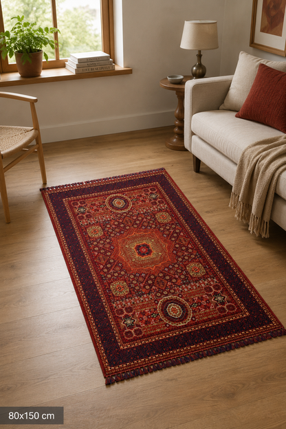 Afghan Buhari Red Traditional Washable Non-Slip Rug