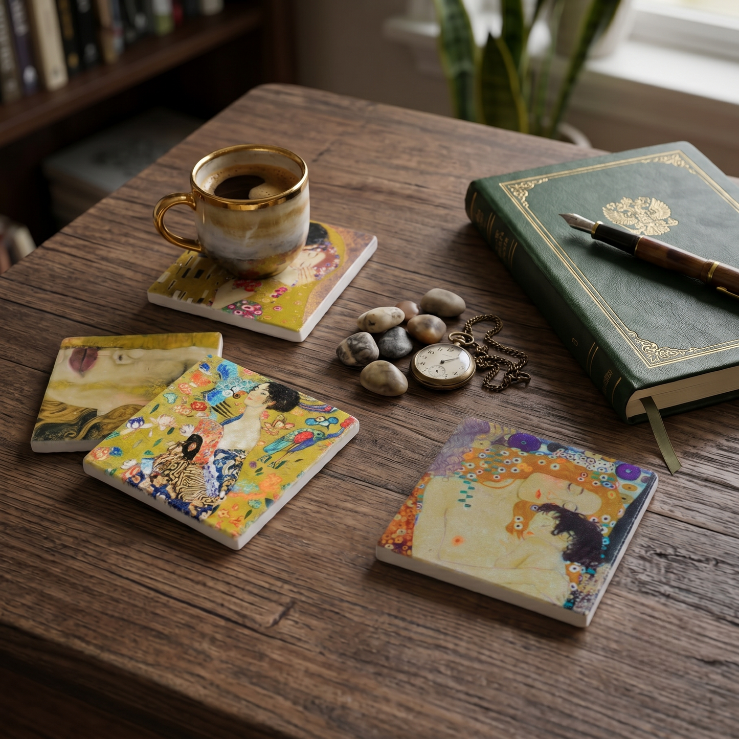 Gustav Klimt Style Stone Coaster Set