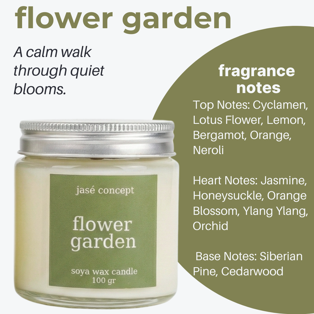 Scented candle labeled 'flower garden' with fragrance notes on a white background