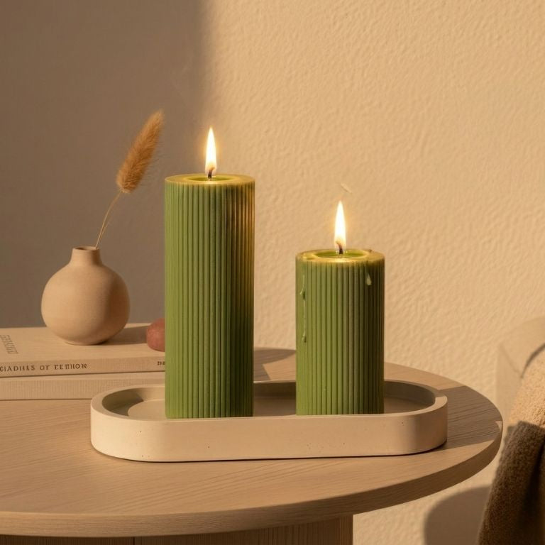 Green Cylinder Soy Wax Candle Set of 2 | Ribbed Candles