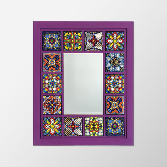 Decorative mirror with colorful geometric patterns in a purple frame on a white background