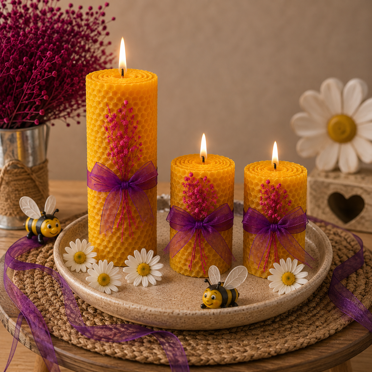 Floral & Rolled Beeswax Candle Gift Set of 3
