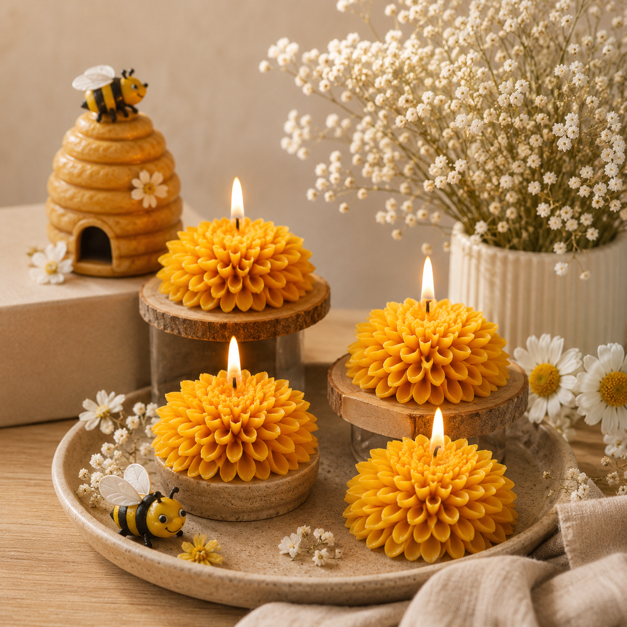 Floral Beeswax Candle Set of 4