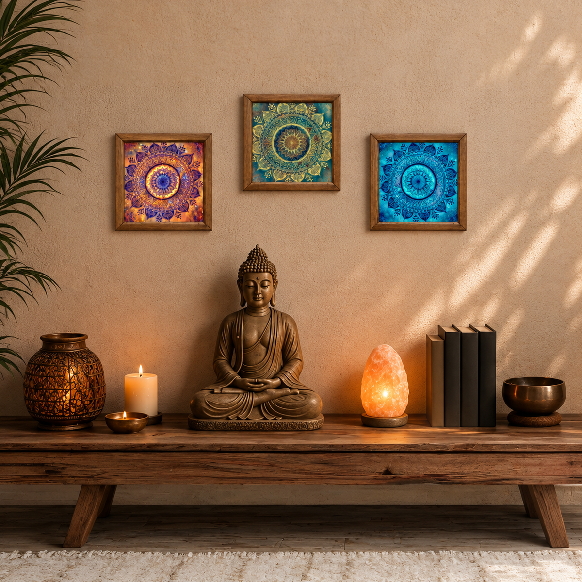 Mandala Glow Bundle | 3 Stone Wall Art + 1 Beeswax Candle Set